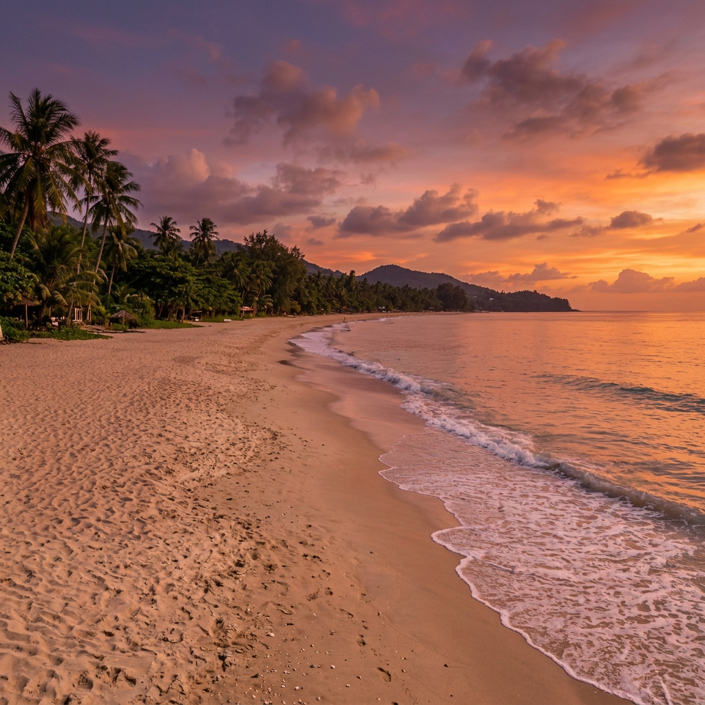 Sandy beach with sunbathers on lounge chairs under umbrellas and swimmers in clear ocean water