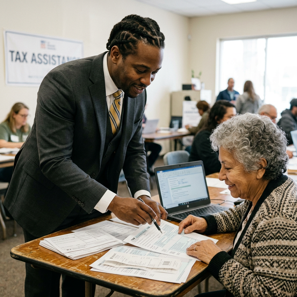 Black man in suit helping with taxes